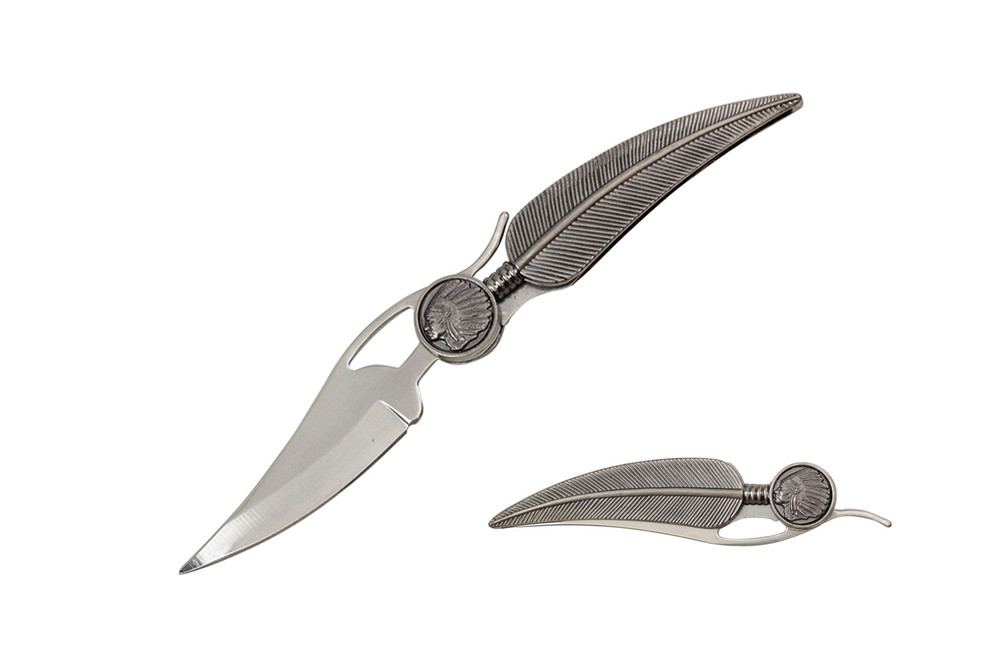 8" Overall Pocket Knife Silver Blade w/ Feather Handle and Indian Symbol