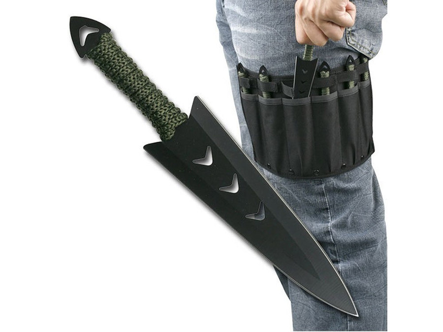6" 6PC Black Throwing Knife Set with Leg Sheath