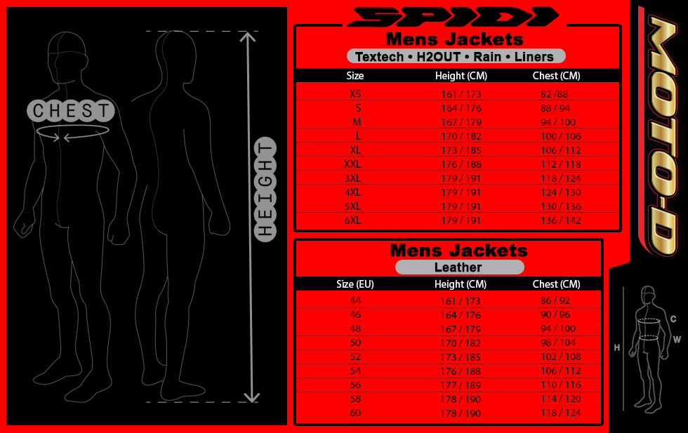 spidi jackets size chart from MOTO-D