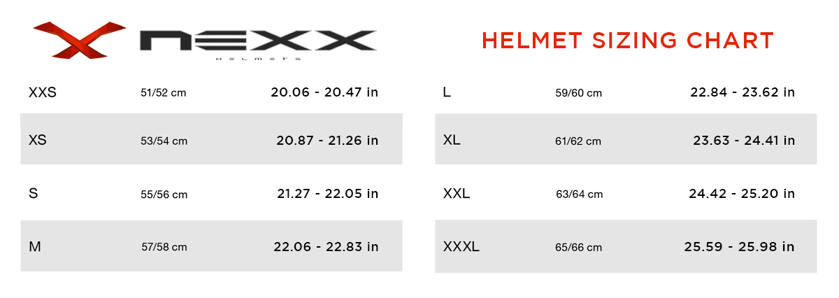 NEXX X.WED3 Helmet Sizing Chart