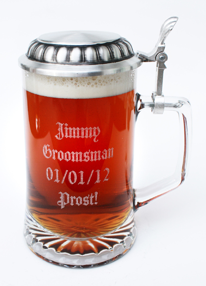 Glass beer stein with custom laser engraving with pewter lid