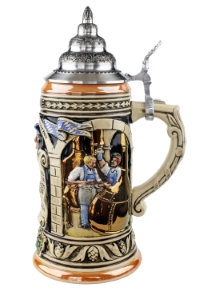 Celebrate pure German beer with this beautiful collectible ceramic beer stein Ceramic beer stein with pewter lid