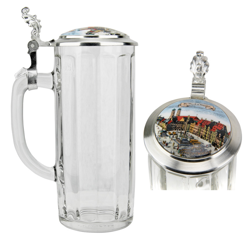 Custom Engraved Faceted Glass Beer Stein with Porcelain Inlay lid