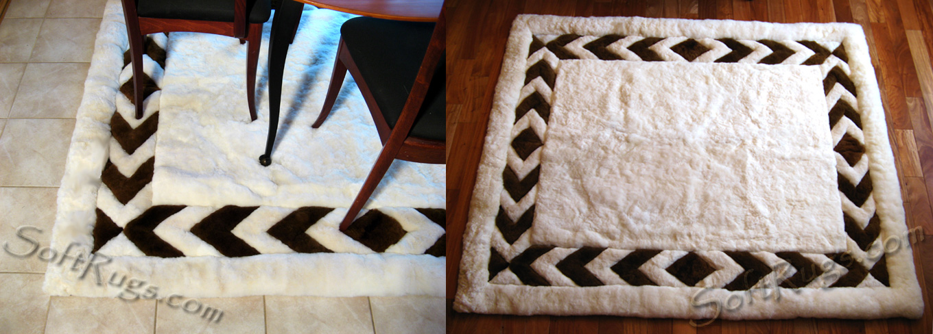 Alpaca fur rug with chevron border in mink brown