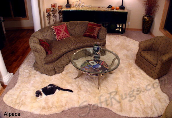 White alpaca rug in free-form shape for living room;