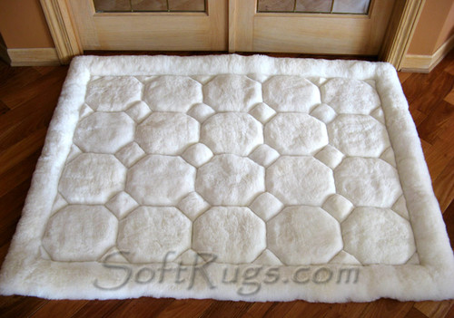 White on White Puffs Pattern Alpaca Rug in front of Study Doors