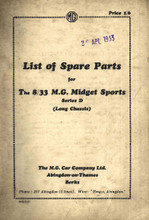 MG Midget Long Chassis (8/33 D Type) 1931 to 1932 - Service Parts List