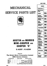Mini Cooper & Cooper S Mk I 1961 to 1967 - Mechanical Service Parts List