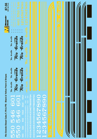 Microscale Decal 87-56 Rio Grande Cab Diesels Diesel - F, PA & PB - Black with Yellow Stripes" 