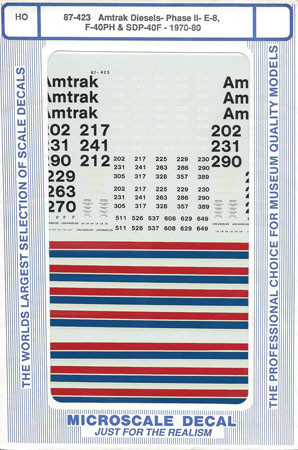 Microscale Decal 87-423 Amtrak Phase II - SDP40F, F40PH, E8 Diesel Locomotives 