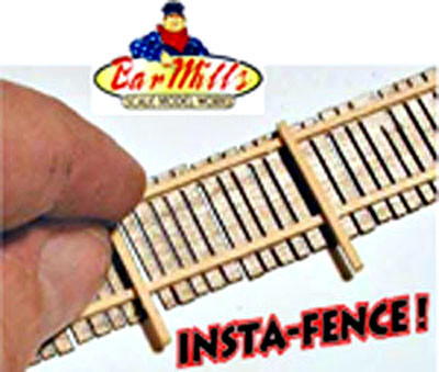 Bar Mills HO #42 HO Scale

Insta Fence Kit - 160 scale feet. 
This fencing is laser-cut for very quick assembly, and features a board thickness as thin as 1/64th" thick!
 Never has a finer scale, more realistic fence been available. We've even included a small assortment of signs with each kit for added realism

New unassembled kit