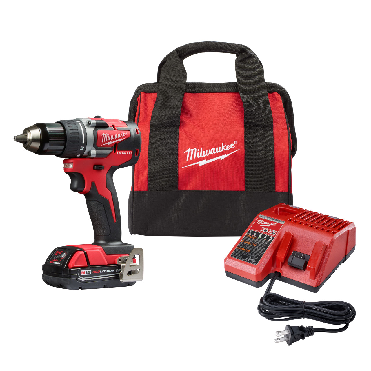 Milwaukee 2801-21P M18 18V Lithium-Ion Compact Brushless Cordless 1/2-Inch  Drill/Driver Kit W/ (1) 2.0 Ah Battery Federated Tool Supply