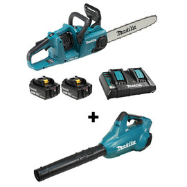 Makita DUC400PT2+DUB362Z - 16" / 18Vx2 LXT Cordless Chainsaw KIT WITH BATTERIES and DUB362Z Blower