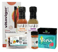 Economy Diet Food Pack contains 
(1) Box of powdered stevia packets (35 ct)
(1) Pack of the diet salad dressing packets (6 ct)
(1) Box of Grissini breadsticks or gluten-free-substitute
(1) Sauce or Dry Bouillon Base
(1) Bottle of seasoning
(1) Bottle of salad dressing (12 oz)