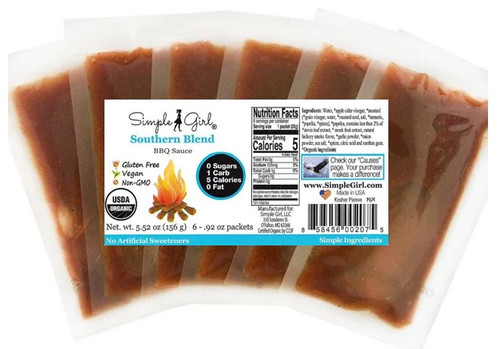 6 single serve packets - Simple Girl Organic and Sugar-Free Southern Blend BBQ Sauce - 6 single serve packets that are Gluten Free and Kosher