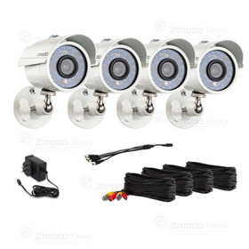 4 Pack of 700TVL Zmodo Bullet Cameras. - Package includes 4 Cameras, 4/ea 60/ft BNC/Power Cables, and power supply.