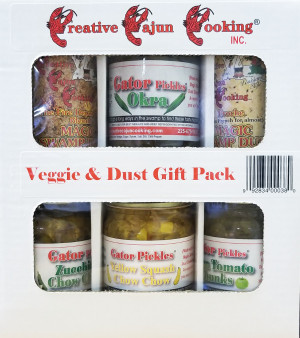 This variety pack gets you setup for a Cajun of a good time!  Magic Swamp Dust Fire Department Blend, Magic Swamp Dust Proche, Zuccini and Yellow Squash Chow Chow, Gater Pickles Green Tomato Chunks and Okra.