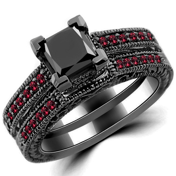 Princess Black Diamond & Ruby Engagement Ring Set 14k Black Gold