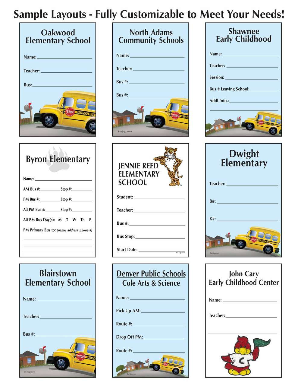 Bus Tag / Student ID Tags Custom Layout NationalSchoolForms com