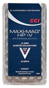 CCI Maxi-Mag HP +V 22WMR JHP 30 Grain Varmint Rimfire Ammunition