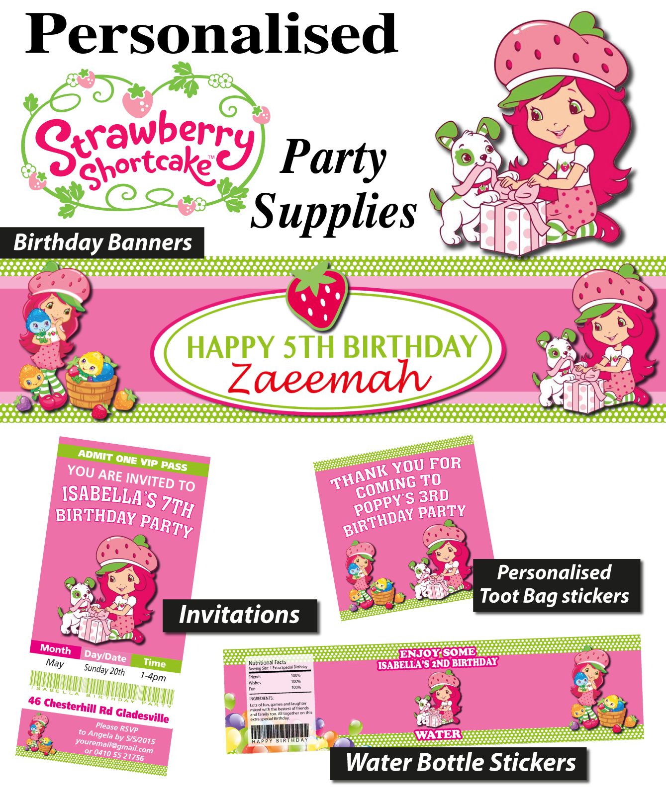 Personalised Strawberry Shortcake Birthday Party Banner Decorations - isabella's birthday party roblox