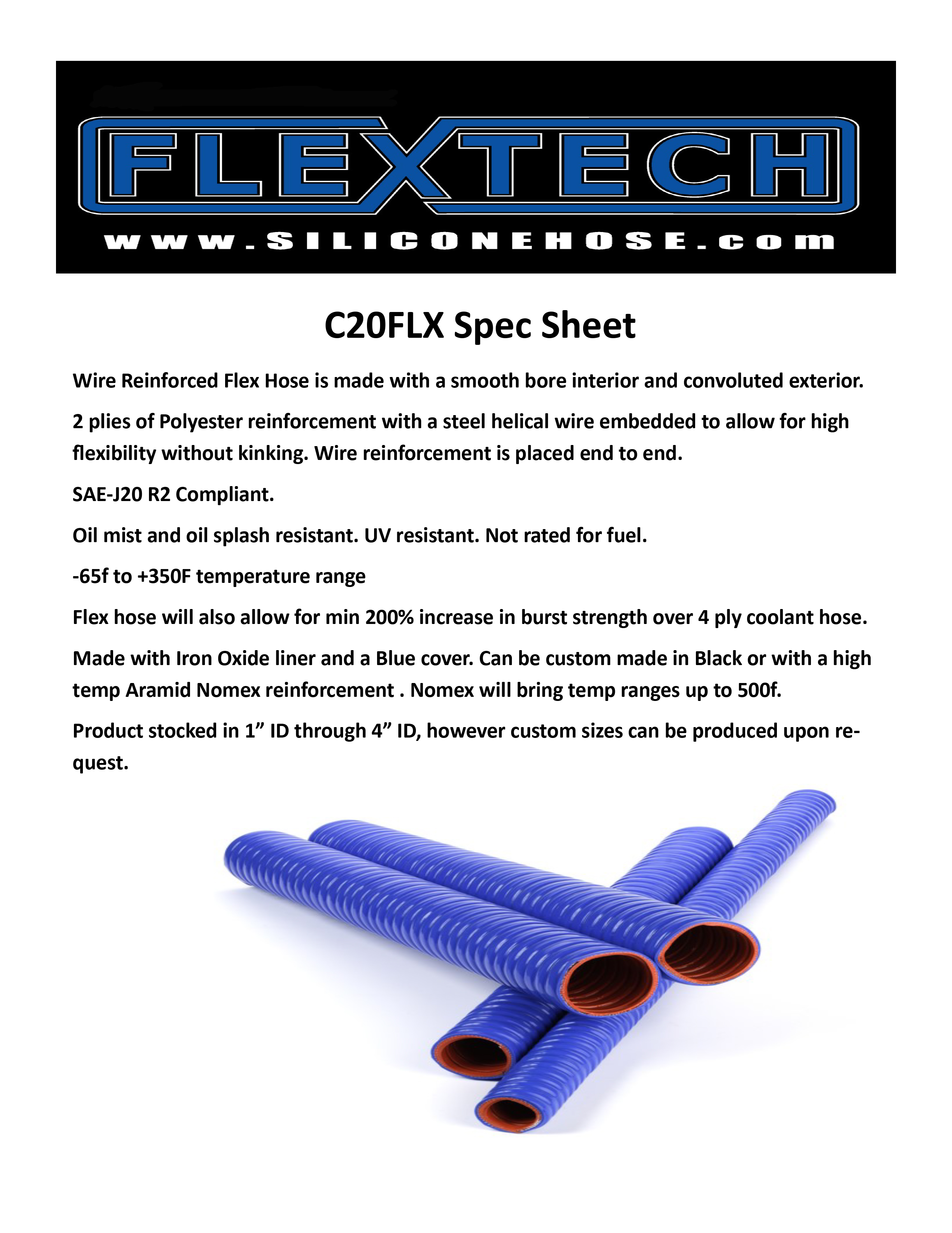 3.000 ID Silicone Convoluted Flex Hose, 2 Ply Polyester Reinforced with  Helical Wire Support, Blue Color