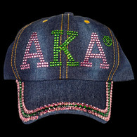 Alpha Kappa Alpha AKA Sorority Distressed Denim Hat Cap with Rhinestones