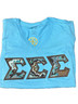 Sigma Sigma Sigma Tri-Sigma Sorority V-neck Double Stitched Letter Shirt-Blue- Size XS