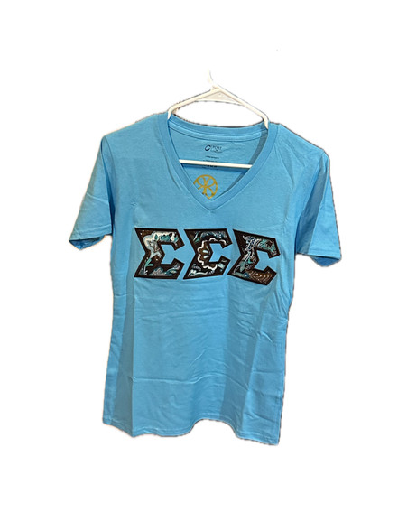 Sigma Sigma Sigma Tri-Sigma Sorority V-neck Double Stitched Letter Shirt-Blue- Size XS