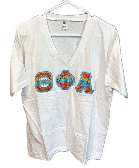 Theta Phi Alpha Sorority V-Neck T-Shirt- White- Size Large
