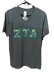 Zeta Tau Alpha Sorority ZTA V-neck Double Stitched Letter Shirt-Gray