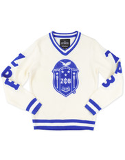 Zeta Phi Beta Sorority Pull Over V-Neck Sweater- Crest-White/Blue      