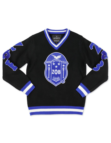 Zeta Phi Beta Sorority Pull Over V-Neck Sweater- Crest-Black/Blue        