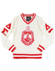 Delta Sigma Theta Sorority Pull Over V-Neck Sweater- Crest-White/Red-Style 2 -Front