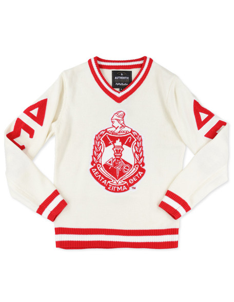 Delta Sigma Theta Sorority Pull Over V-Neck Sweater- Crest-White/Red-Style 2 -Front