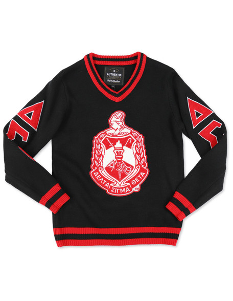 Delta Sigma Theta Sorority Pull Over V-Neck Sweater- Crest-Black/Red