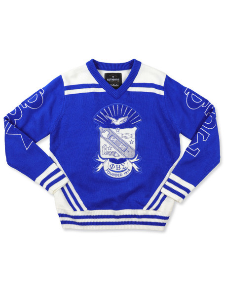 Phi Beta Sigma Fraternity Pull Over V-Neck Sweater- Crest-Blue/White-Front