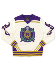 Omega Psi Phi Fraternity Pull Over V-Neck Sweater- Crest-White/Purple