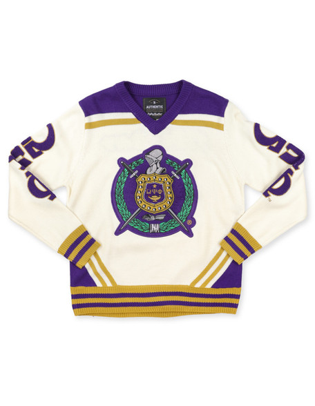 Omega Psi Phi Fraternity Pull Over V-Neck Sweater- Crest-White/Purple