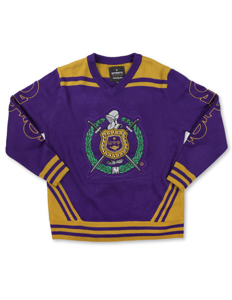 Omega Psi Phi Fraternity Pull Over V-Neck Sweater- Crest-Purple/Gold