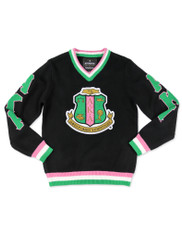 Alpha Kappa Alpha Sorority Pull Over V-Neck Sweater- Crest-Black/Pink -Front