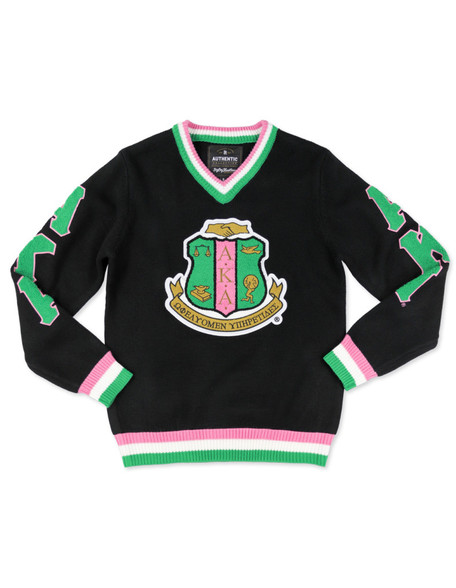 Alpha Kappa Alpha Sorority Pull Over V-Neck Sweater- Crest-Black/Pink -Front