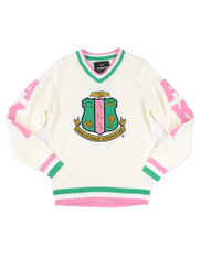 Alpha Kappa Alpha Sorority Pull Over V-Neck Sweater- Crest-White/Pink-Front