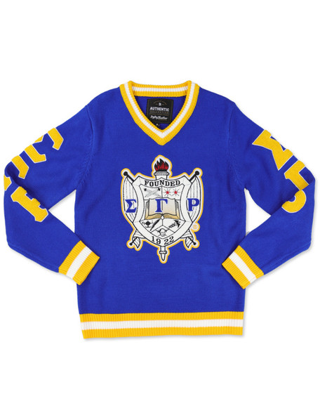 Sigma Gamma Rho Sorority Pull Over V-Neck Sweater- Crest-Blue/Yellow