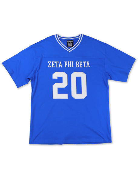 Zeta Phi Beta Sorority Oversized V-Neck Football Jersey Tee-Blue/White