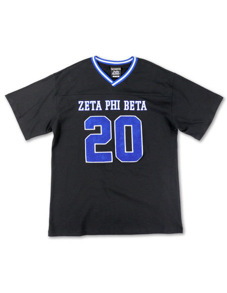 Zeta Phi Beta Sorority Oversized V-Neck Football Jersey Tee-Black/Blue