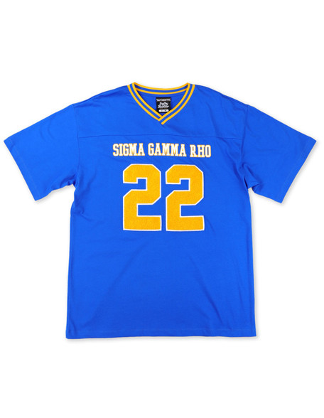 Sigma Gamma Rho Sorority Oversized V-Neck Football Jersey Tee-Blue/Yellow