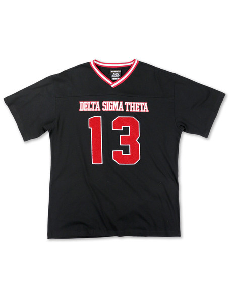Delta Sigma Theta Sorority Oversized V-Neck Football Jersey Tee-Black/Red