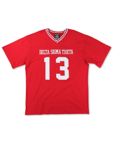 Delta Sigma Theta Sorority Oversized V-Neck Football Jersey Tee-Red/White