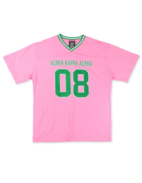 Alpha Kappa Alpha AKA Sorority Oversized V-Neck Football Jersey Tee-Pink/Green